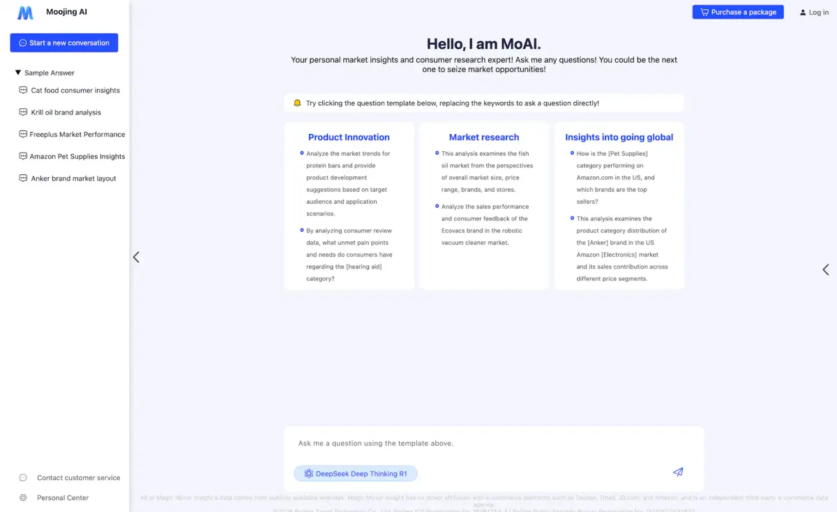 MoAI conversational AI interface showing natural language market research queries and detailed analysis reports