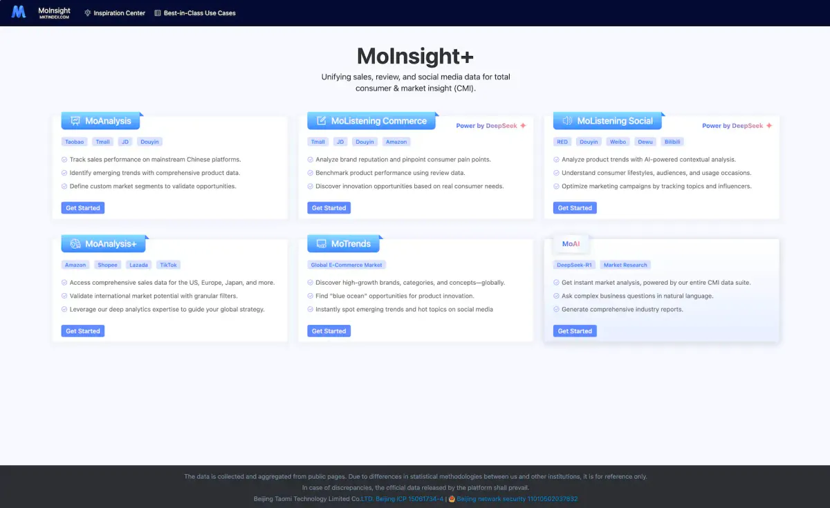 MoInsights+ API documentation showing programmatic data integration and analytics dashboard